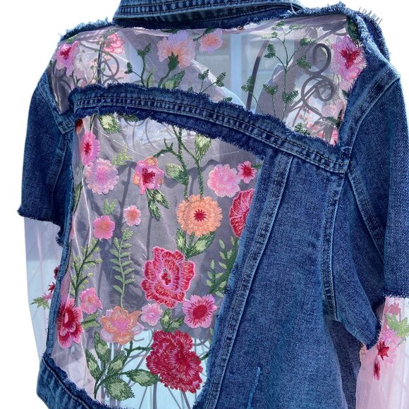Custom Jean Jacket with Inlayed Embroidered Mesh Sz L NWT - Picture 6 of 14